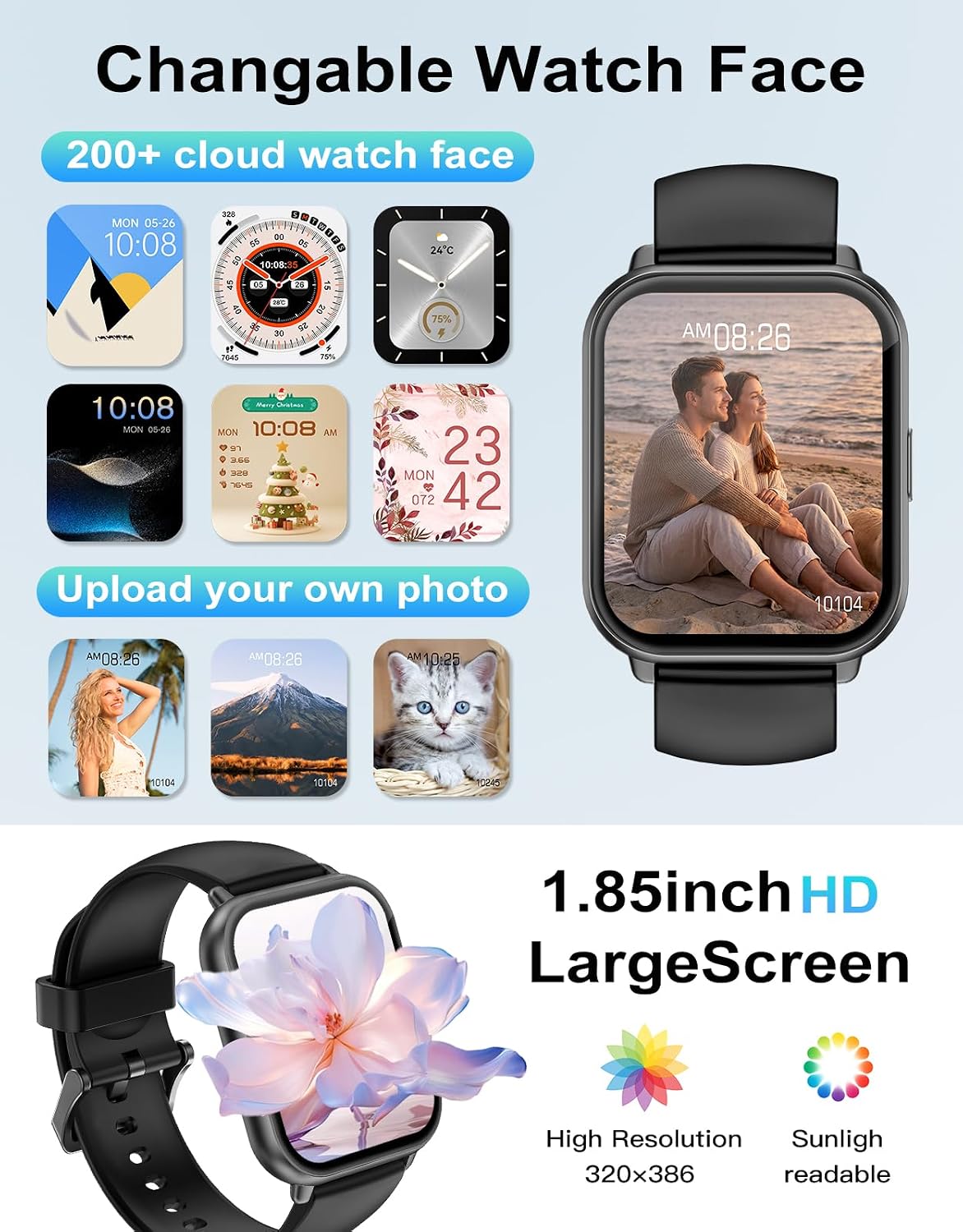 RUIMEN Smart Watch Answer Dial Call,Smart Watches for Women Men 1.85" HD Screen Fitness watch with SpO2 Heart Rate Sleep Monitor Step Counter Waterproof 100+ Sports Mode for Android iOS (2 Bands)