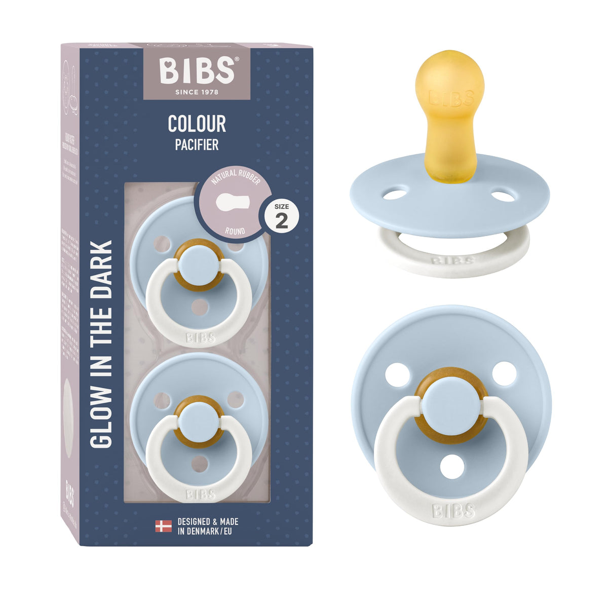 BIBS Colour Soother 2-Pack, BPA Free Dummy Pacifier, Round Nipple. Natural Rubber Latex, Made in Denmark, Size 2 (6-18 Months), Baby Blue