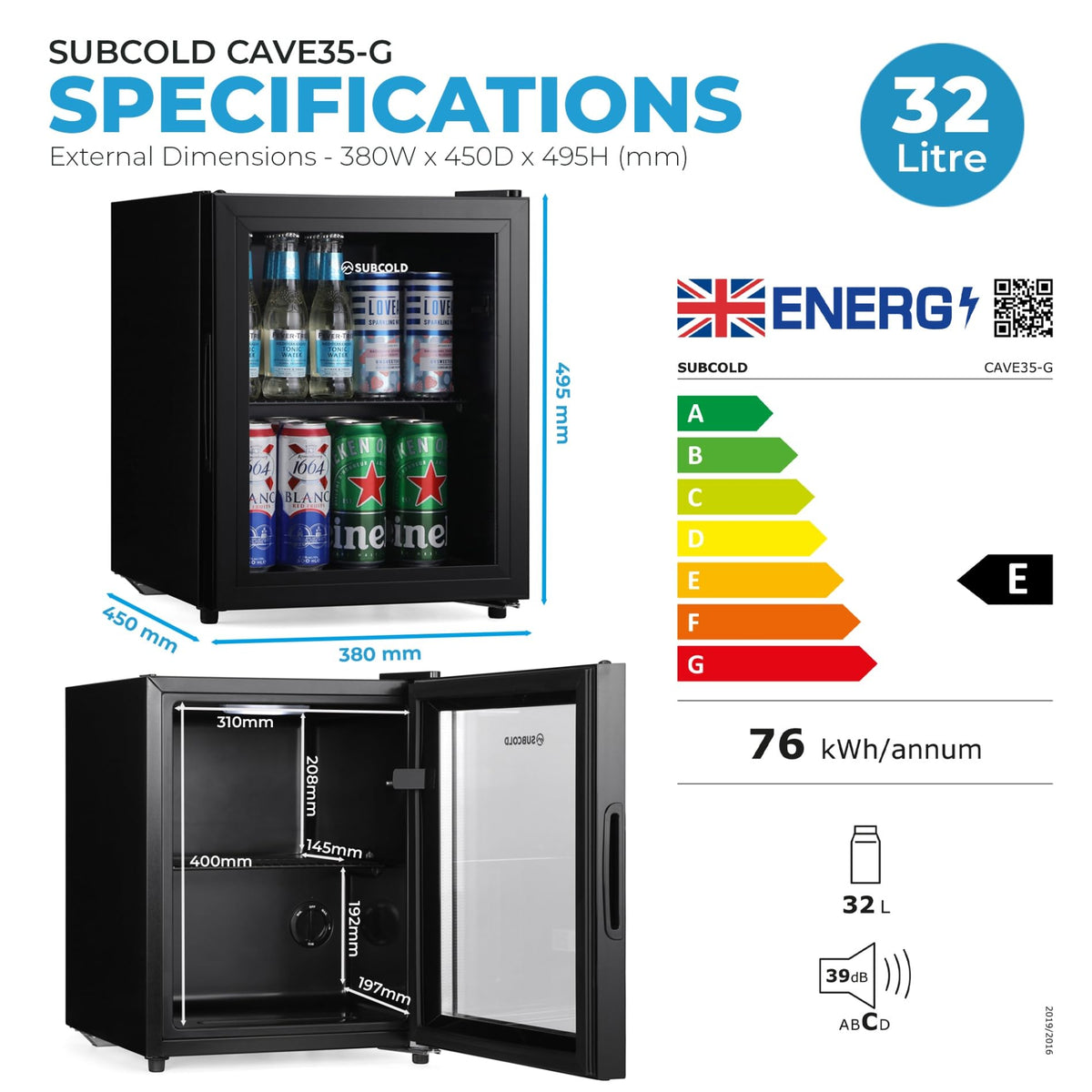 Subcold Cave35 Beer Fridge | 35L | 0-8°C | LED | Stainless Steel Door