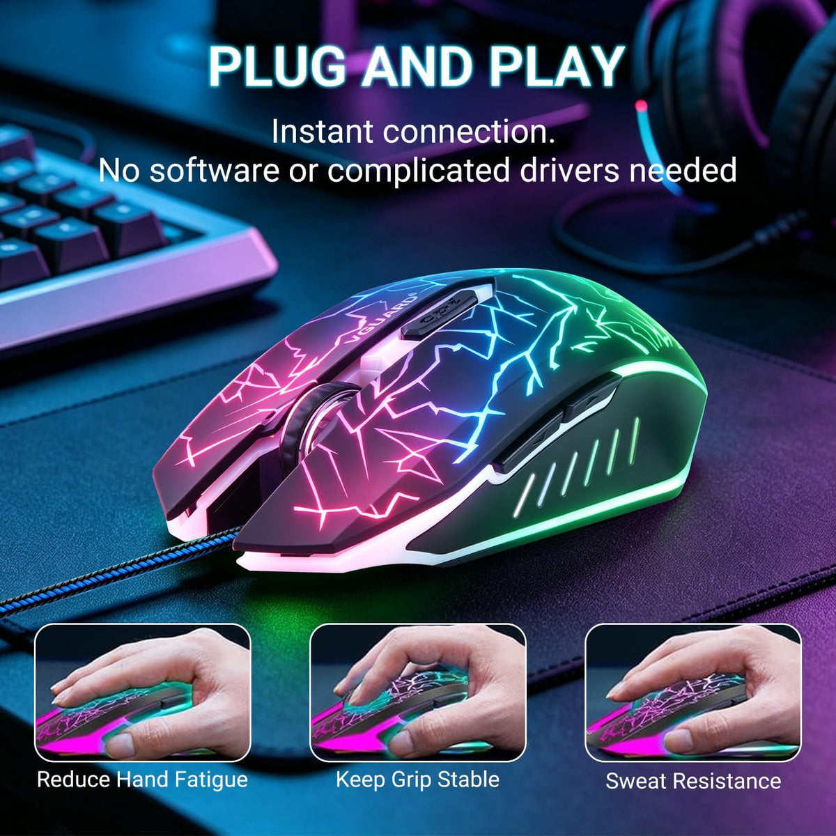 VGUARD Wired Gaming Mouse, 3600 DPI Optical Sensor, RGB Backlit Ergonomic USB PC Mice with 6 Programmable Buttons, 7 Colors LED, Professional Gamer Mouse for Laptop, Computer, Windows/Mac