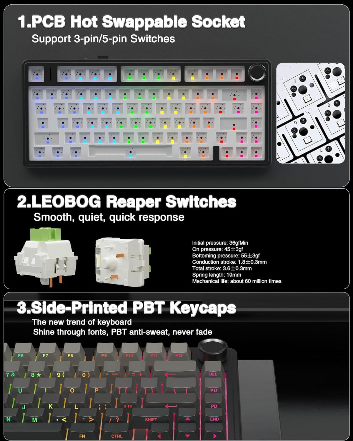 AULA F75 75% Wireless Mechanical Keyboard,2.4Ghz/Type-C/BT5.0 Gaming Keyboards,Advanced Structure,RGB Backlight,Hot Swappable Custom Keyboard for PC/Mac (Cool Black)