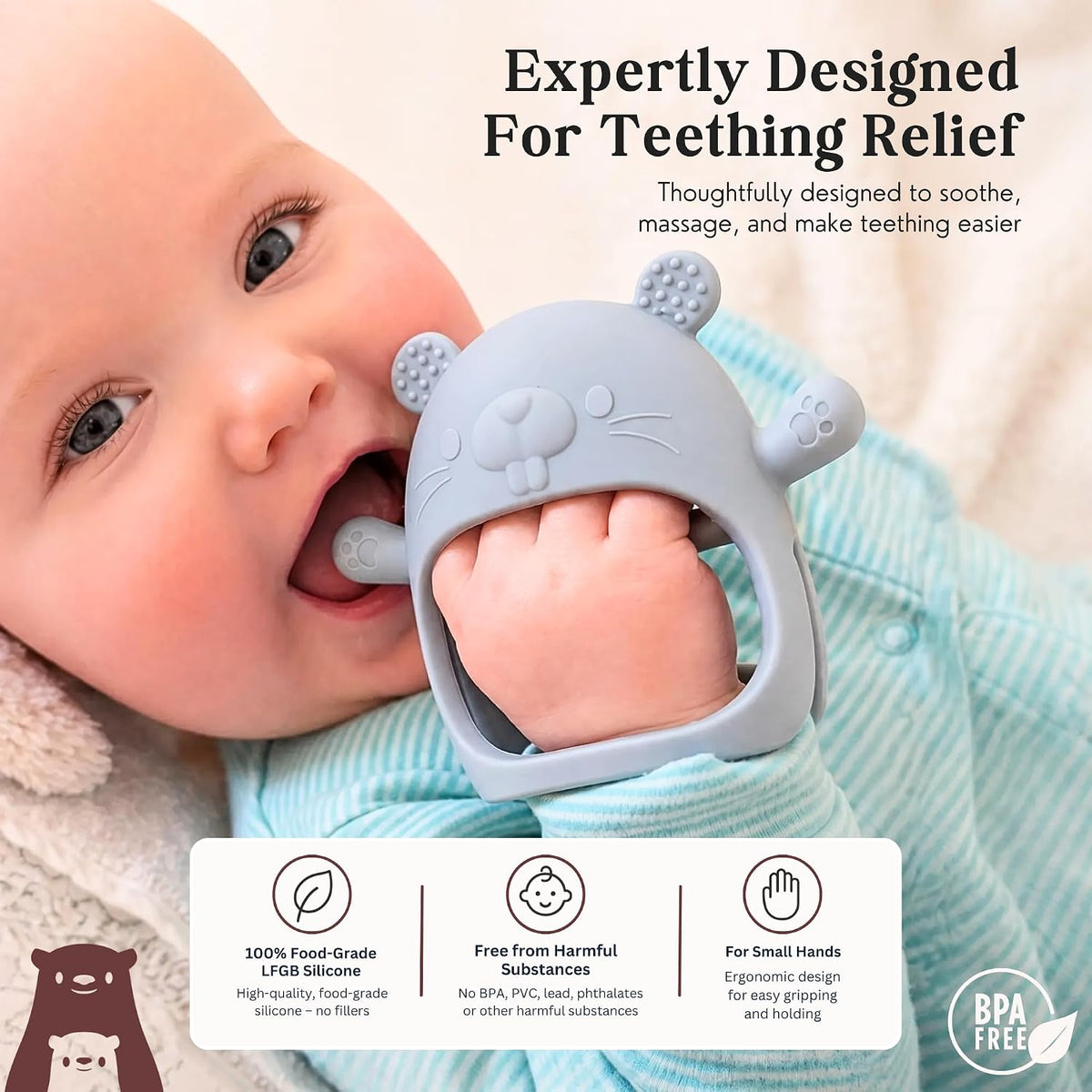 Infatot® Teething Toys for Baby Gifts – Chipmunk Silicone Mitten Teether, Soothing Glove for Infants, Baby Toys 0-6 Months, Soft Chewable Teether Toy to Prevent Finger Sucking, CM Blue.
