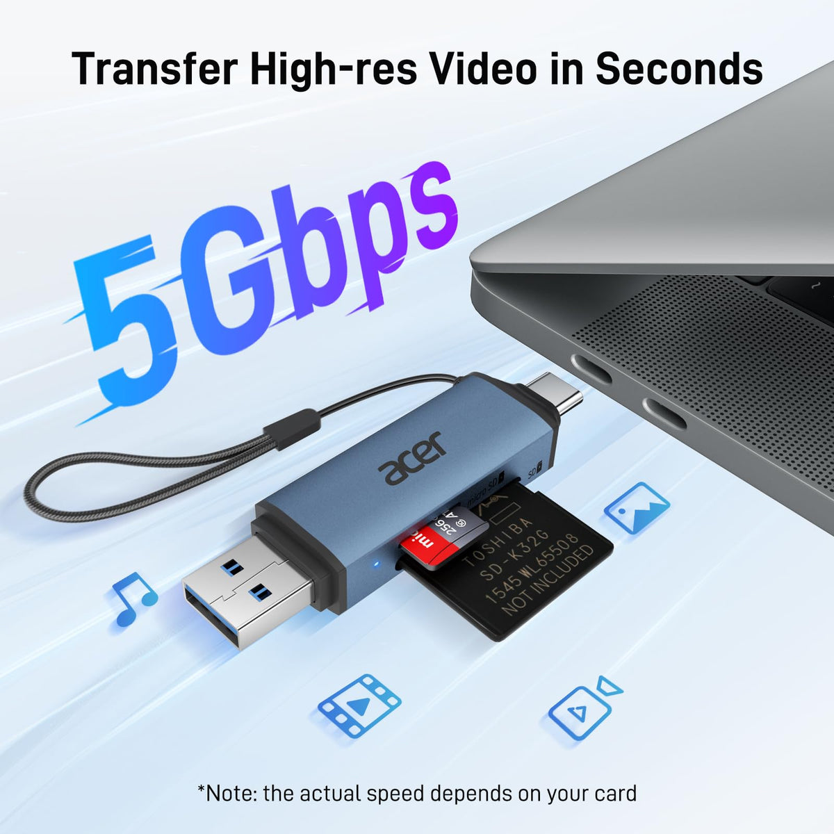 Acer SD Card Reader, USB C & USB 3.0 Memory Card Reader Adapter, Black