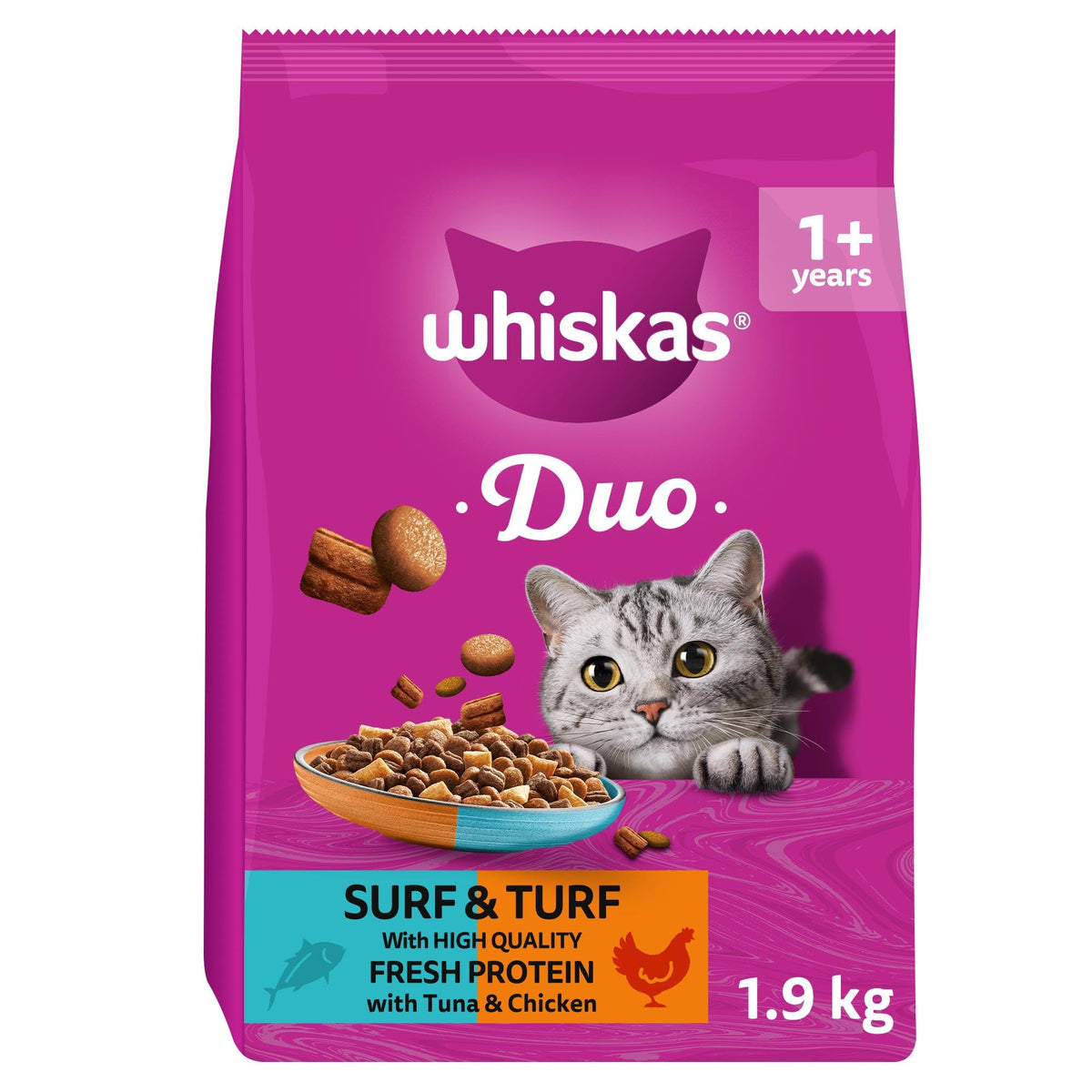 WHISKAS 1+ DUO Surf & Turf Dry Cat Food 1.9kg