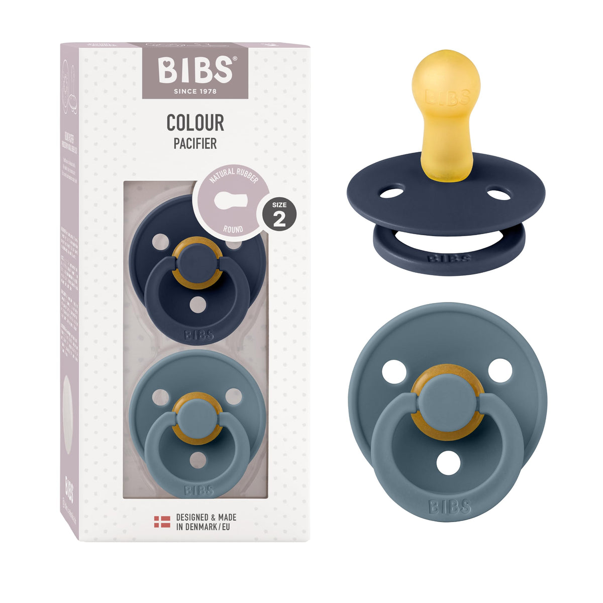 BIBS Colour Soother 2-Pack, BPA Free Dummy Pacifier, Round Nipple. Natural Rubber Latex, Made in Denmark, Size 2 (6-18 Months), Baby Blue