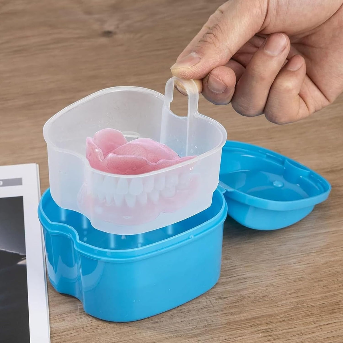 chenqi Retainer Cup Holder Mouthguard Cleaning Case with Strainer Basket, Denture Bath Box Storage Cup Holder for Travel Cleaning
