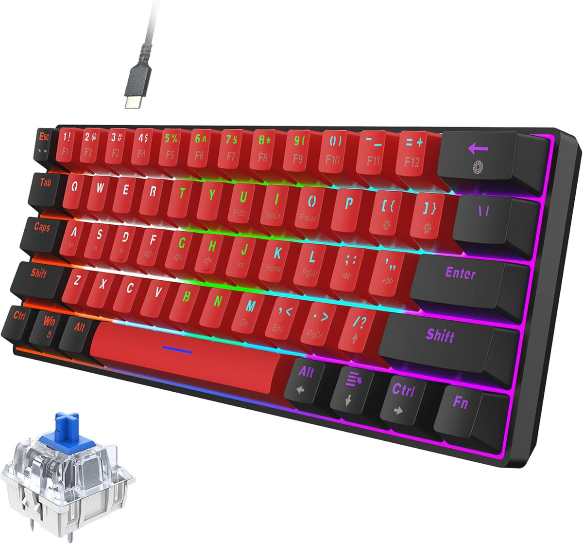 Snpurdiri Wired Mechanical Gaming Keyboard, 60% Size, LED Backlight, 61 Keys, Small Wired Office Keyboard for Windows Laptop/PC, Mac (Black-Red, Blue Switches)