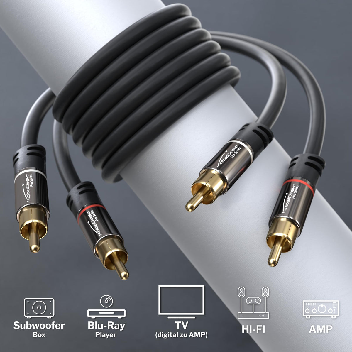 KabelDirekt – RCA cable – 4m – 2×2, braided