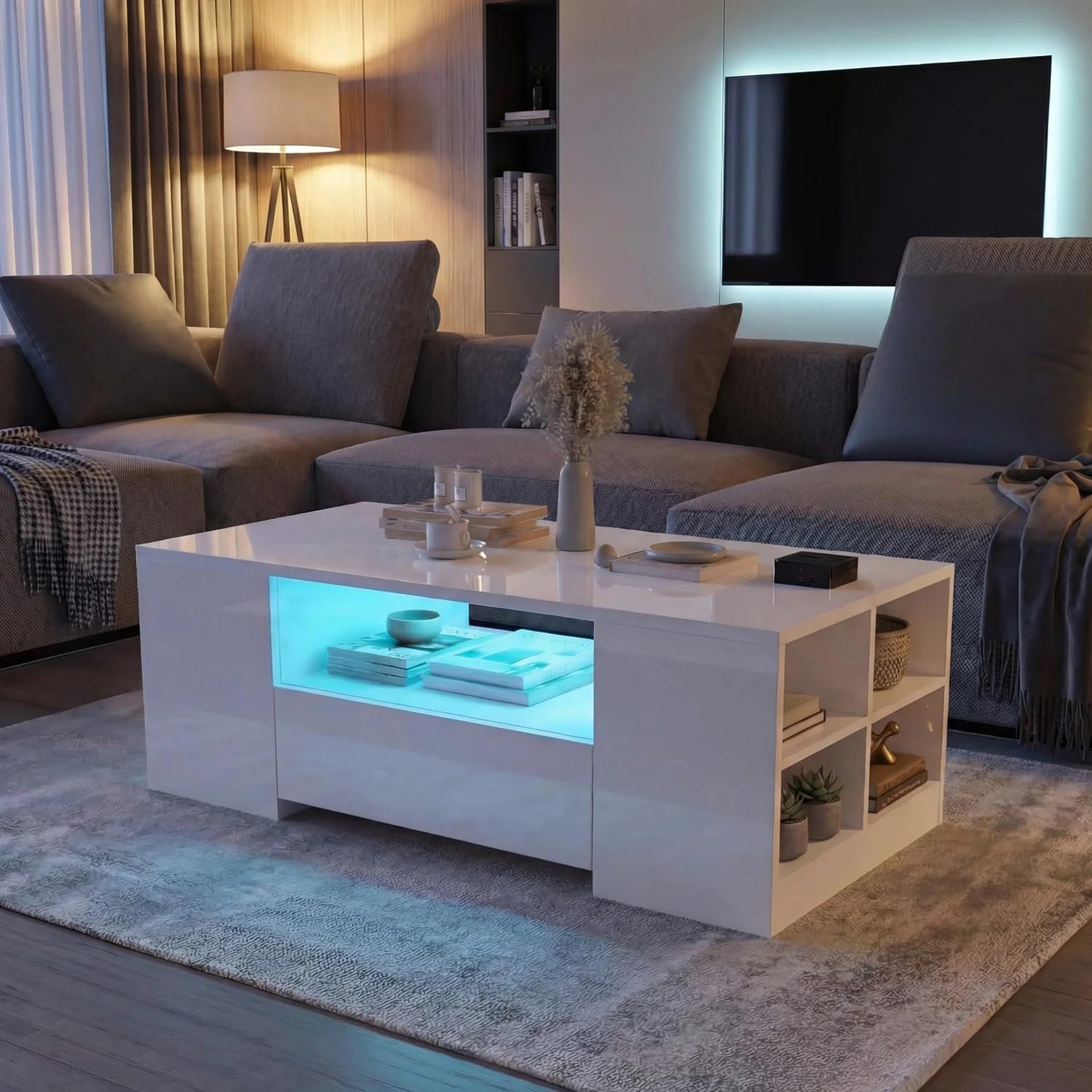 Blisswood Led Coffee Table with 2 Drawer Storage, High Gloss Coffee Table for Living Room Wooden Centre Table with RGB Led Lights Rectangle Tea Table for Living Room Furniture, Black