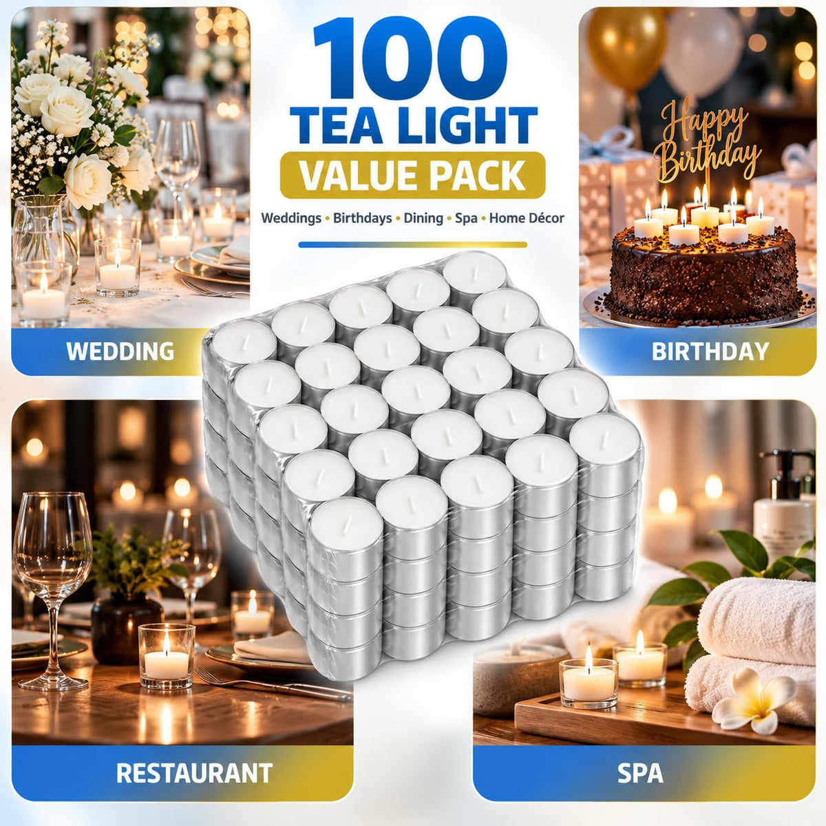 Unscented 8-Hour Tea Light Candles, 50 Pack, Cotton Wicks