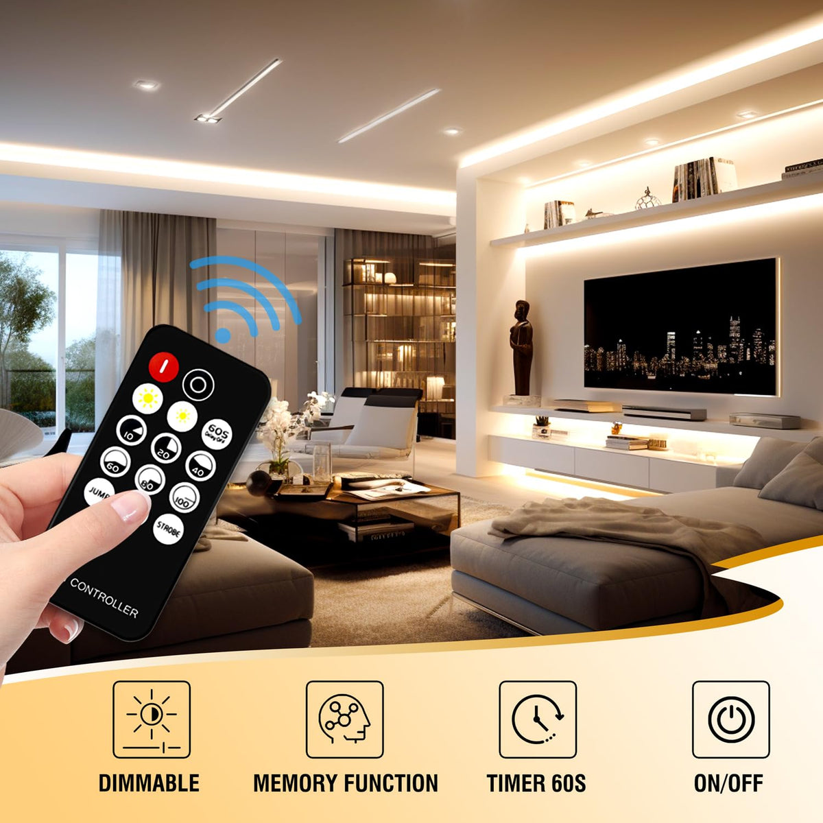 COB LED Strip 7.5m Warm White, 3000K, 24V, Remote Control, 8mm Wide