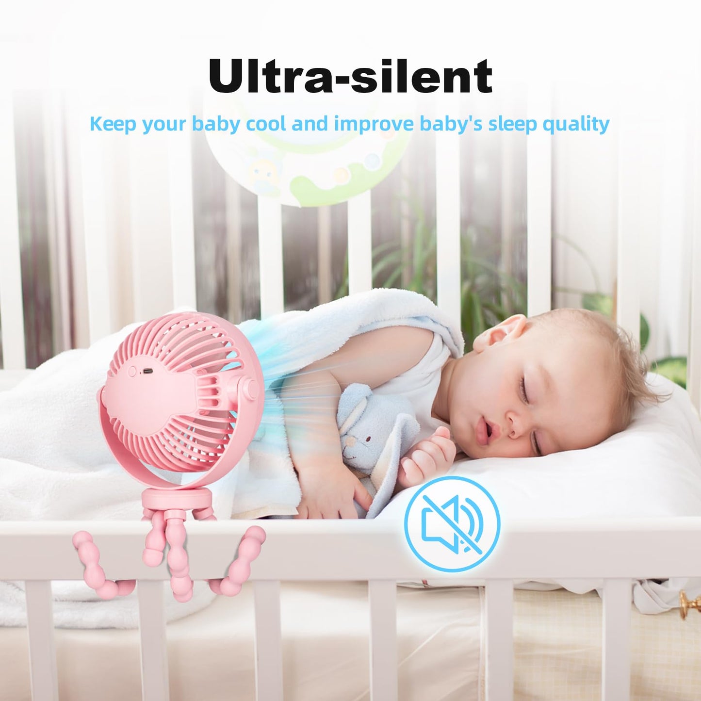 Baby Stroller Fan,20H Work Time Buggy Battery Powered Clip on Fan with Flexible Tripod Travel Beach Essentials for Car Seat Pram Crib Bike Treadmill Umbrella Wheelchairs Camping