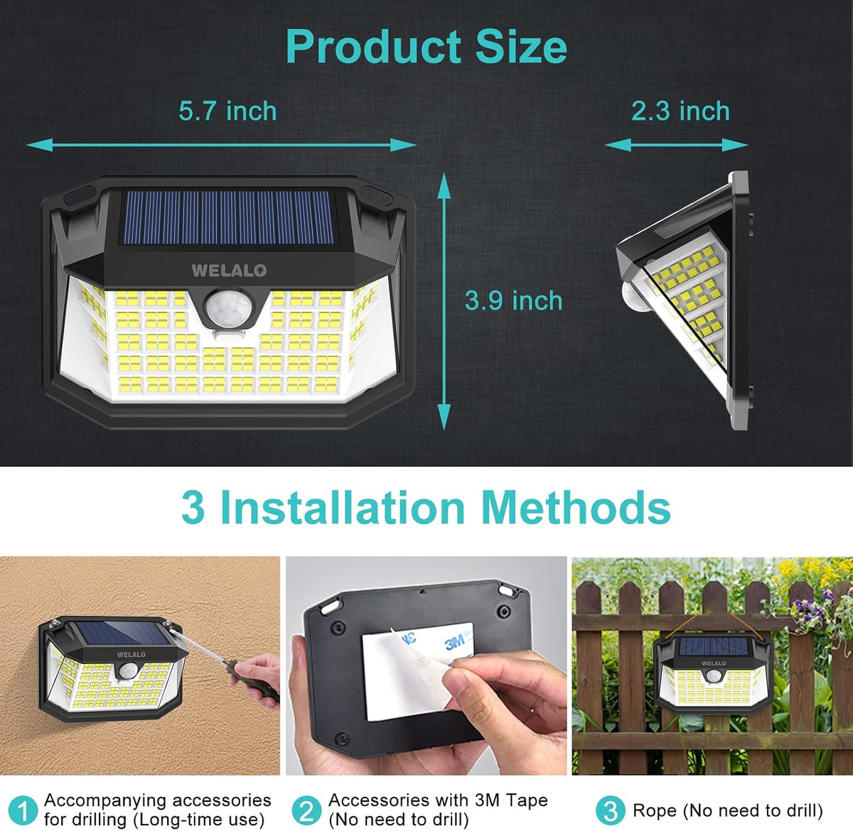 WELALO Solar Security Lights, 188 LED Solar Motion Sensor Lights, IP65 Waterproof Solar Lights Outdoor Garden, 3 Modes PIR Solar Powered Wall Lights for Outside Garden Fence Door Yard (4 Pack)
