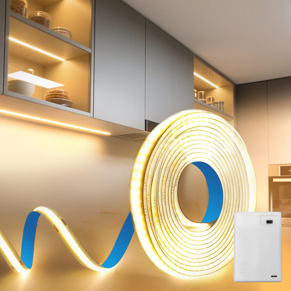 BAGZY Battery LED Strip Light COB 2M 5V Battery Powered LED Strip Tape Lights Cool White 6000K Self Adhesive Flexible Uniform Dotless Cuttable 320LEDs/M for Kitchen Mirror Bedroom Cabinet Decor