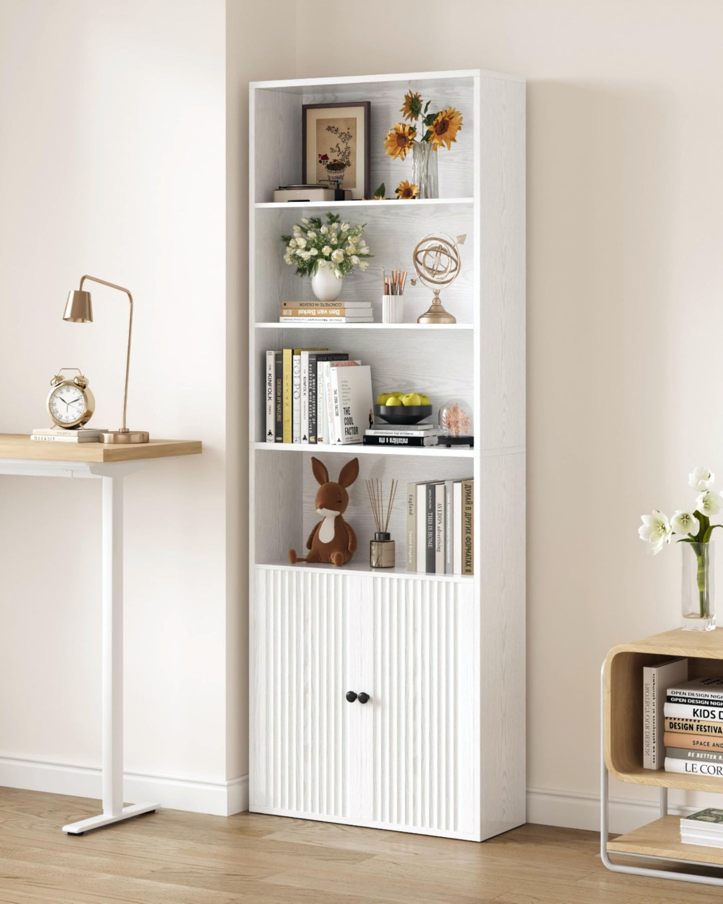 IRONCK Bookcase, Bookshelf with Doors, 6 Tier Tall Book Shelf, Shelving Unit, 60x23.5x180cm Free Standing Display Shelf for Living Room, Home Office, Dinning Room (white)