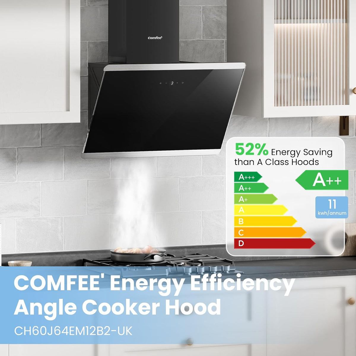 COMFEE' 60cm Angled Cooker Hood, A++, Wall Mounted, Black