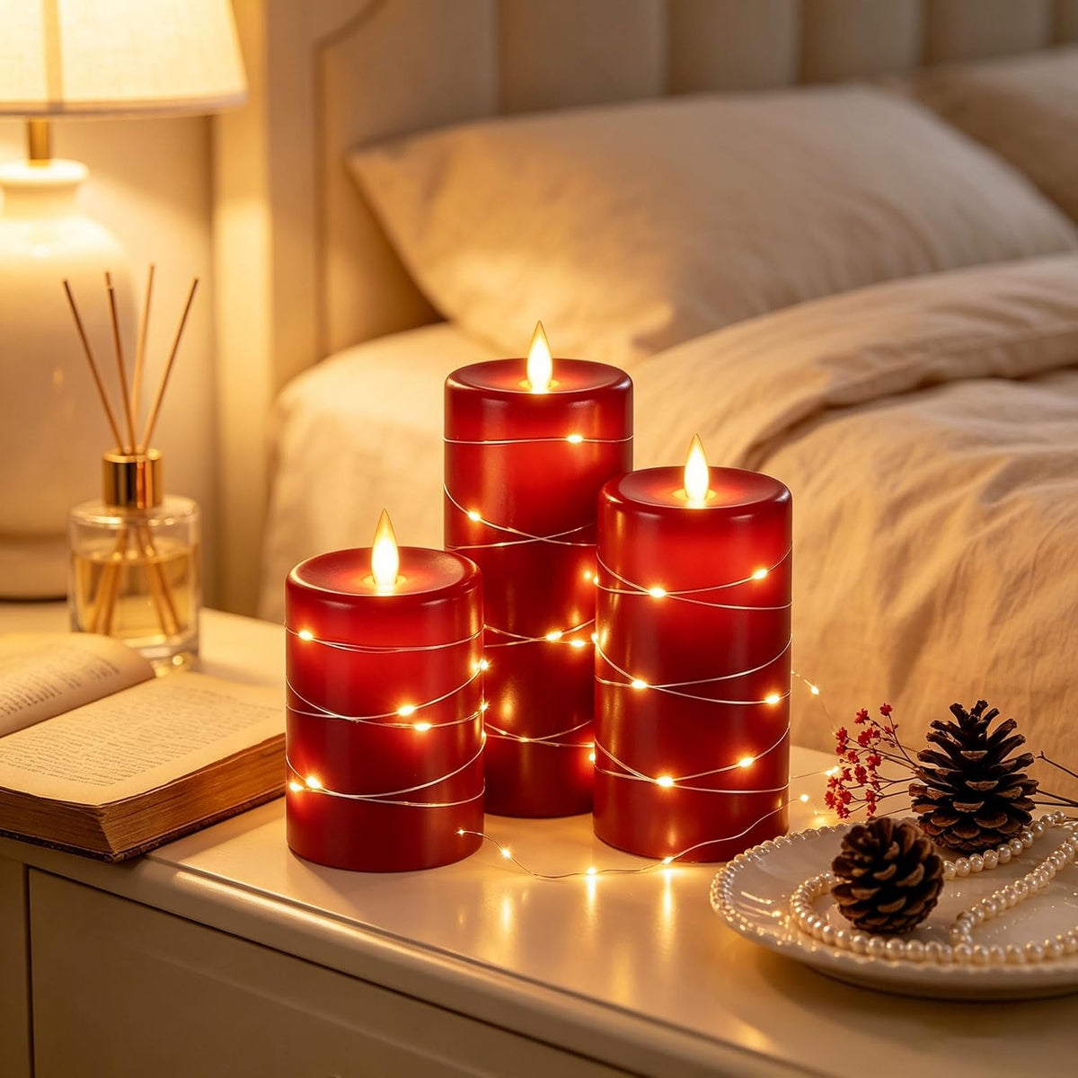 Da by 3 Pack Ivory Flameless LED Candles with Fairy Lights, Realistic Moving Flame Paraffin Wax Candles, Remote Control, Soft Warm Light, 8cm D x 12.5/14.5/16.5cm H, Indoor Wedding Home Decor