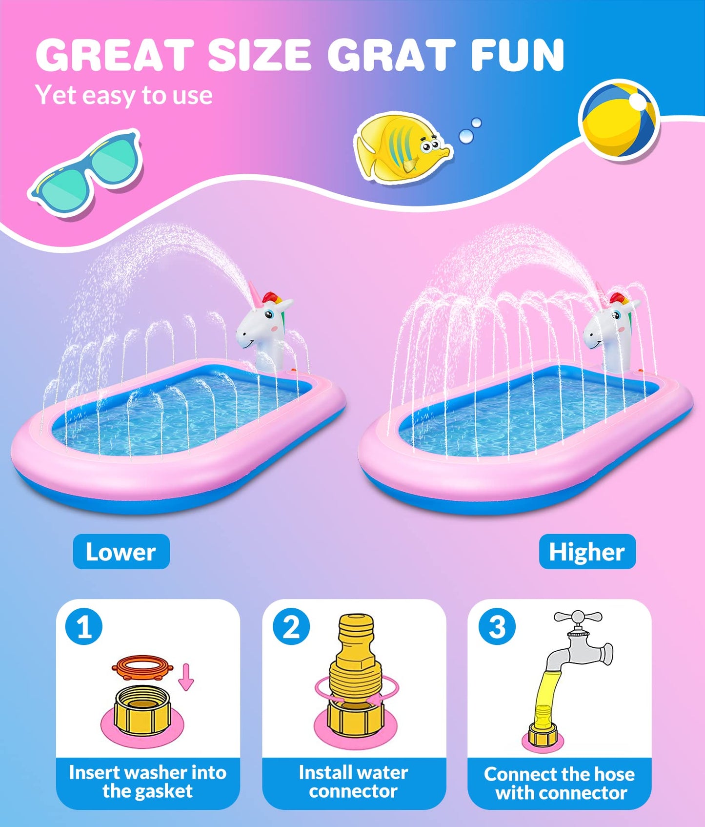 COOLJOYA Inflatable Pool | Splash Spray Paddling Pool Sprinkler Pad | Paddling Pool for Kids Toddlers | Swimming Pool Toy Gifts 68 x 41 x 18 Inch (Unicorn)