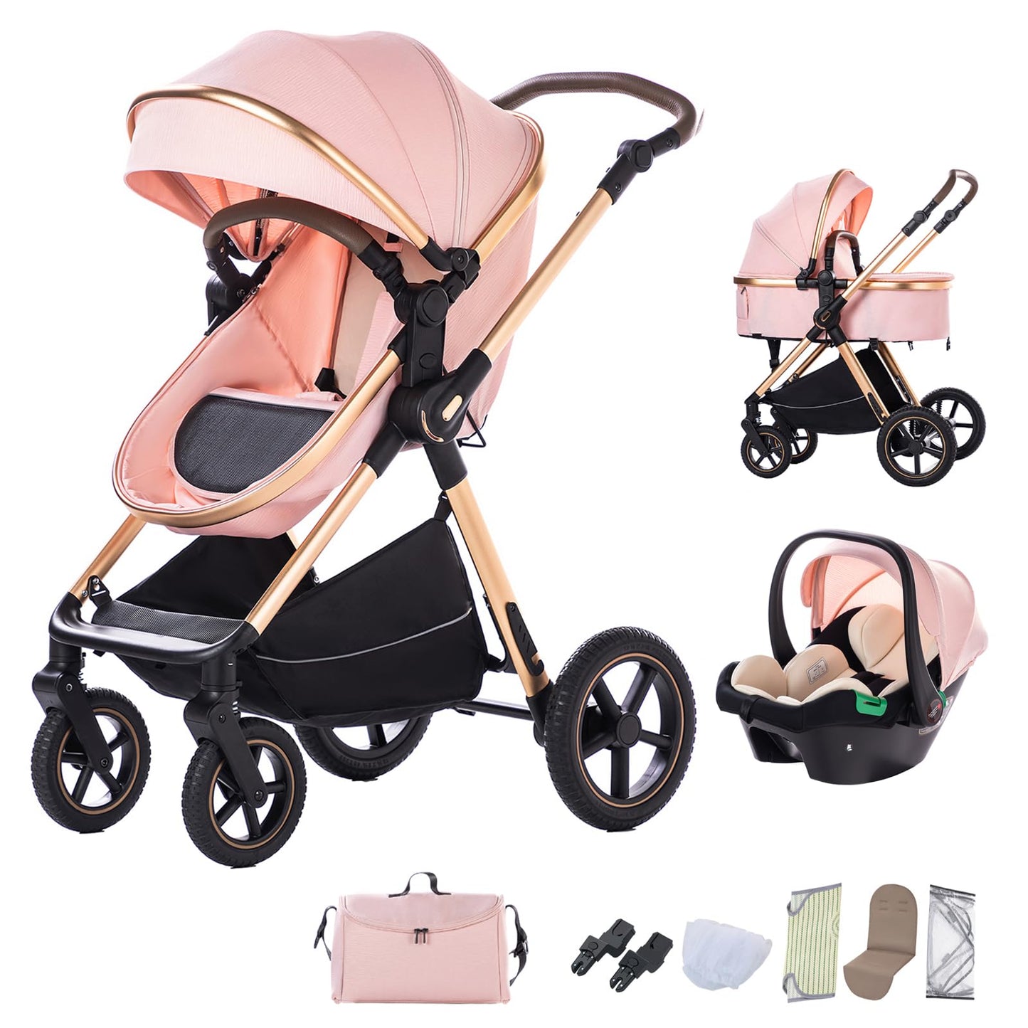 BEBBY Stroller 3-in-1 Baby 3 in 1 with Seat with Foldable Aluminium Frame, Compact Stroller with Adjustable Armrests, Combined Strollers,High Landscape Travel Pushchair (gen-H9-PINK, H9)
