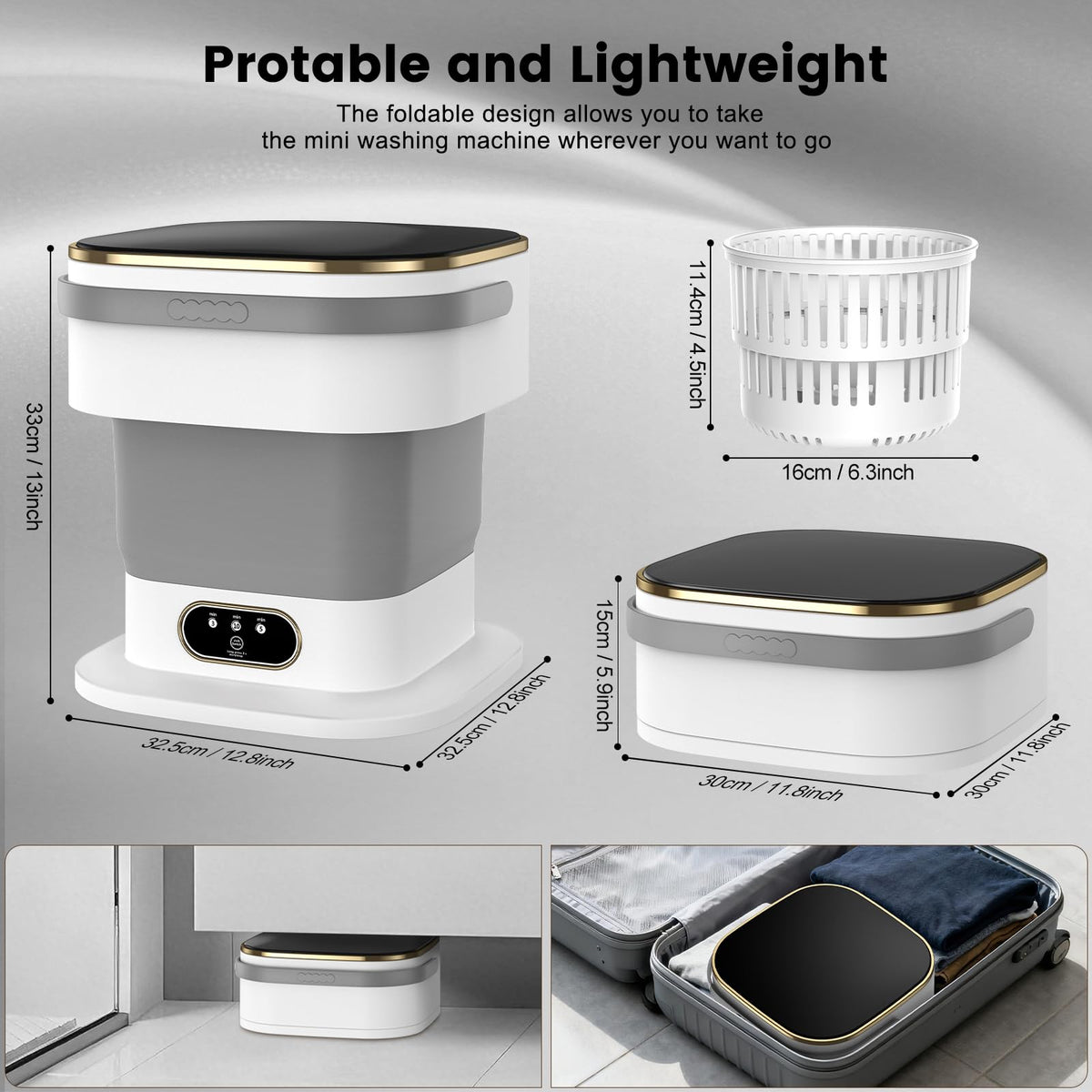 Mini Washing Machine, 15L Portable Washing Machine with Spin Dryer & 3 Cleaning Modes for Small Clothes, Foldable Portable Washer for Apartments, Dorms, Camping (Khaki)