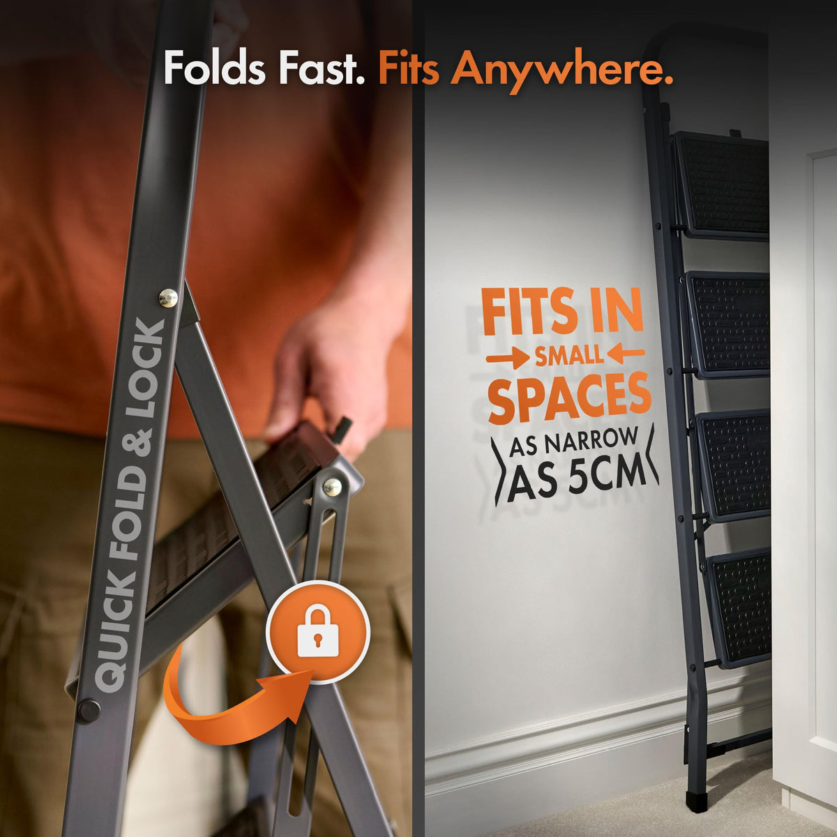 VonHaus 3 Step Ladder – Premium Quality Folding Step Ladder for DIY and Gardening - Anti Slip Feet, Easy to Store Ladder, 150KG Max Capacity - Durable Steel