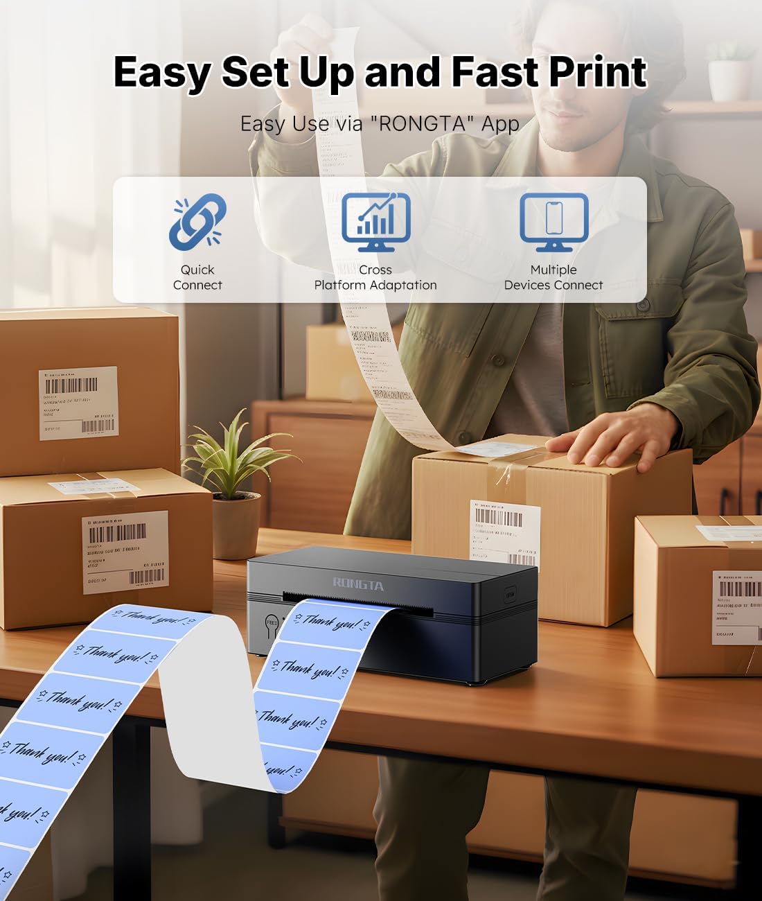 Rongta Bluetooth Thermal Shipping Label Printer, Wireless 4x6 Label Printer for Postage, Address (RP425)
