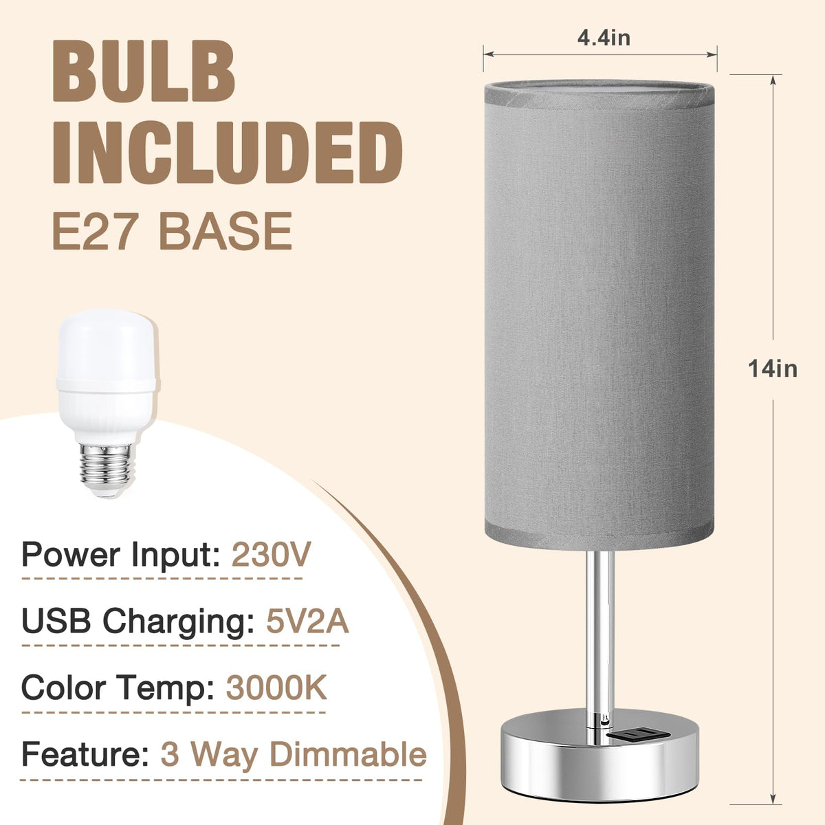 Aooshine Grey Table Lamp, 3-Way Dimmable, USB A + C Charging