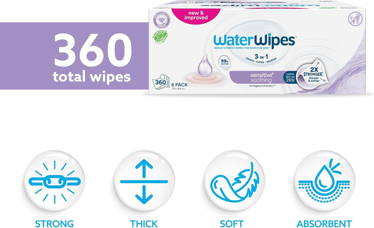 WaterWipes Sensitive+ Soothing Wipes, 99% Water, Unscented, 6 Pack