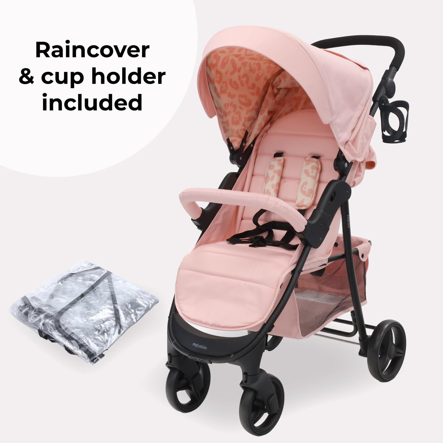 My Babiie MB30 Pushchair – from Birth to 4 Years (22kg), Easy Compact Fold, Large Shopping Basket, Adjustable Handle, Stroller Includes Cup Holder, Rain Cover – Black & Grey