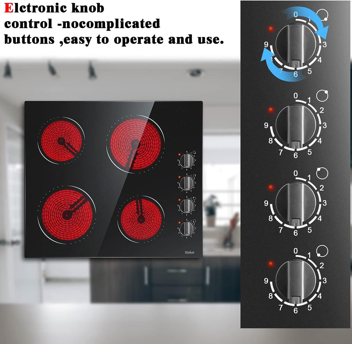 Hobsir Ceramic Hob with Knobs, Built-in Electric Cooker Hob 4 Burners 60 cm