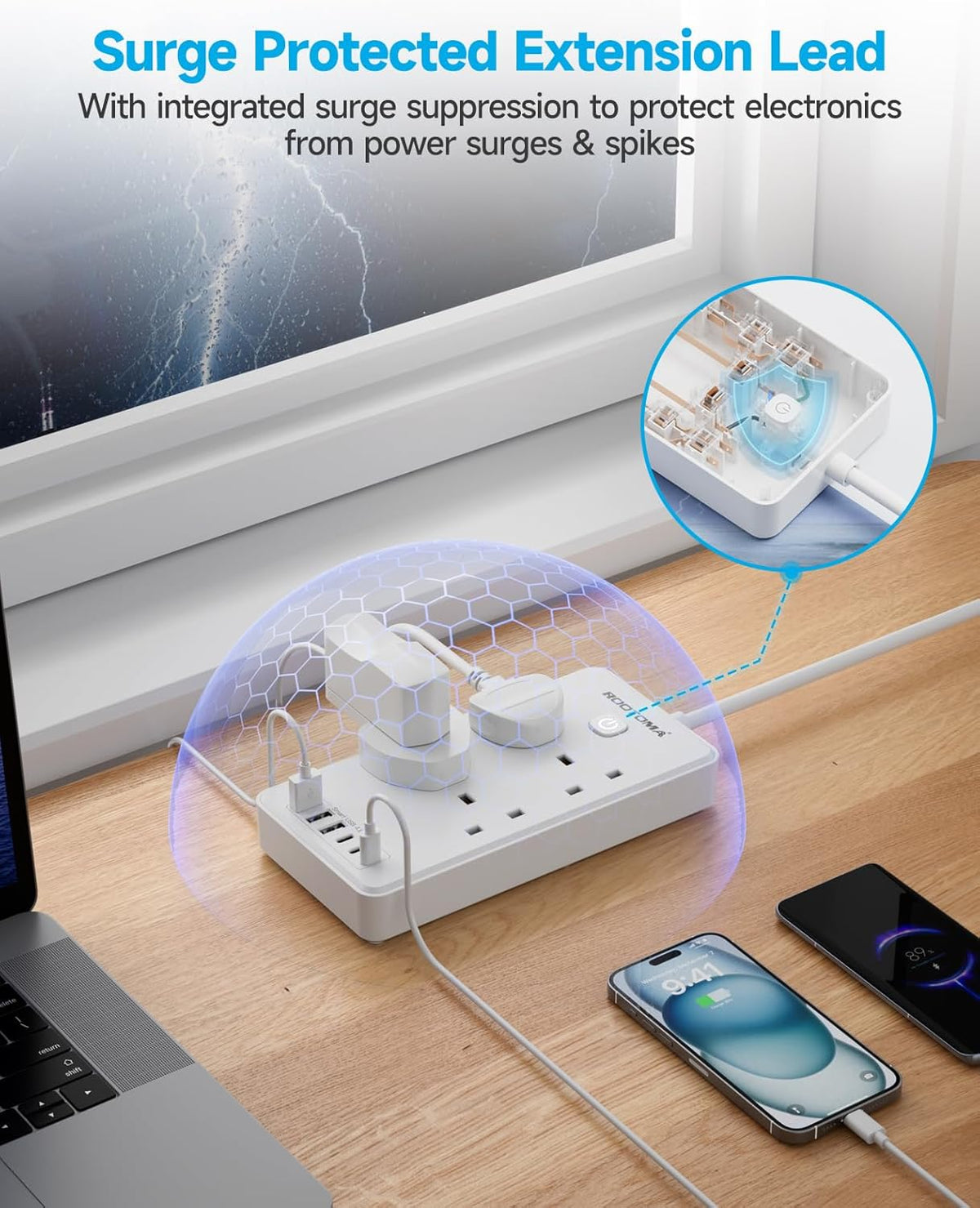 Extension Lead with 6 USB Slots (3 USB C), 4 Way Surge Protected, 3M
