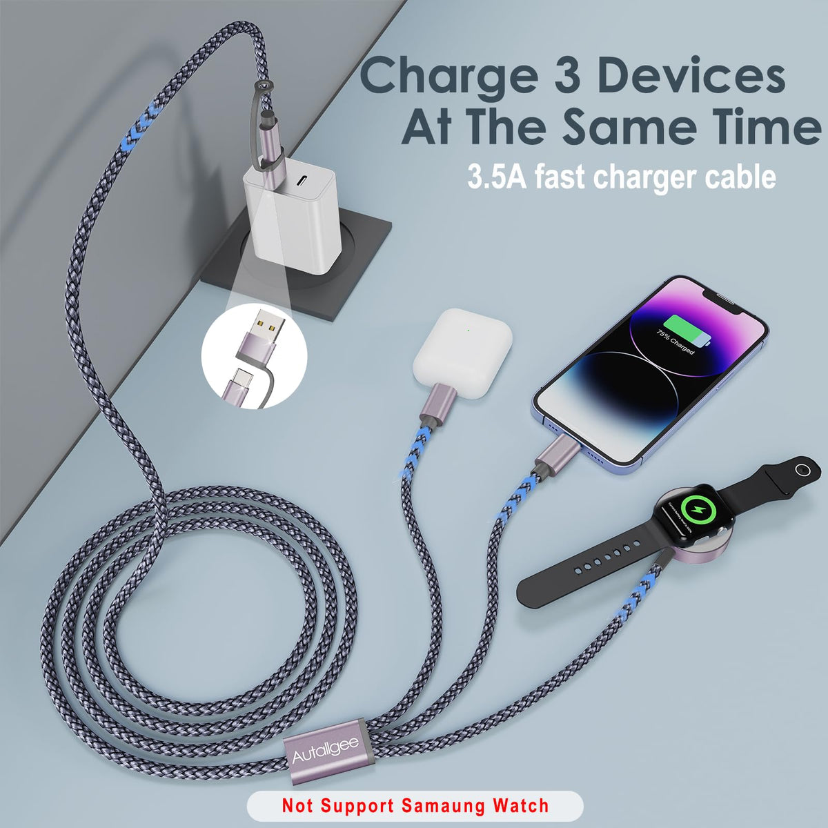 Upgraded 3 in 2 Apple Watch Charger iPhone Charger Cable Travel Essentials