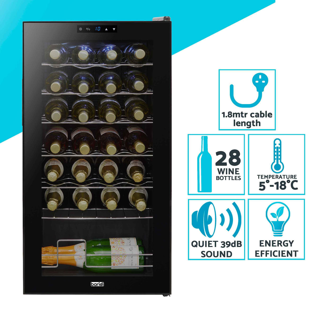 Dellonda Baridi 12 Bottle Wine Fridge with Digital Touch Screen Controls, Metal Shelves & LED Light, Black - DH73