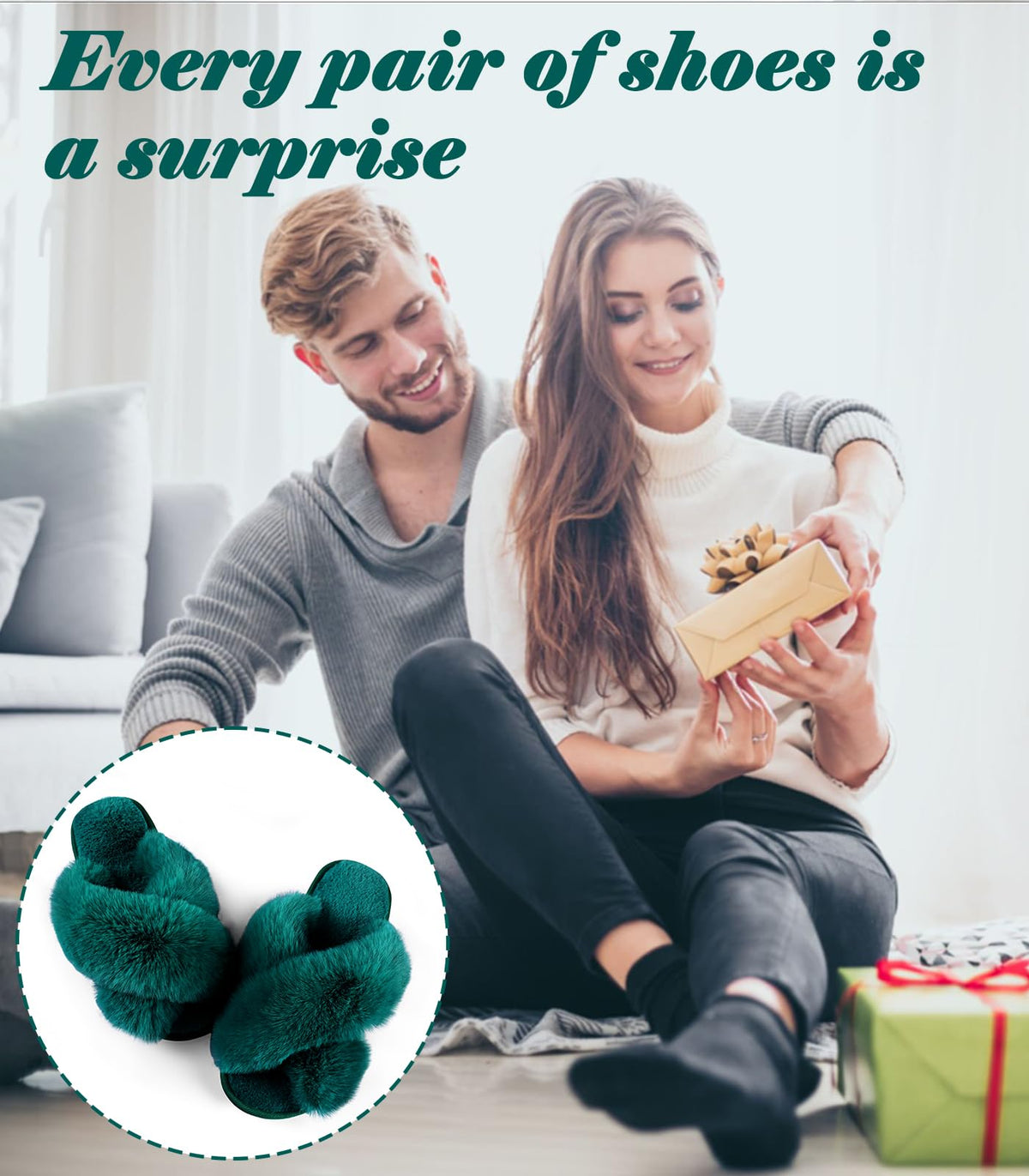 Ankis Women Slippers Fluffy Slippers Memory Foam, Cross Band Furry Open Toe Slippers Cozy Plush Home Shoes Indoor Outdoor Anti-Slide Slipper
