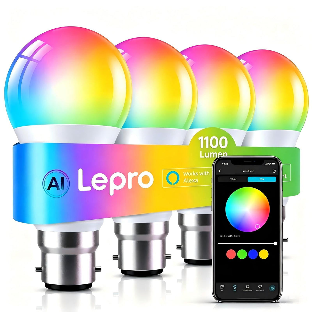 Lepro Smart B22 LED Bulb, 1100lm 10W, RGB + Tunable White, AI Lighting