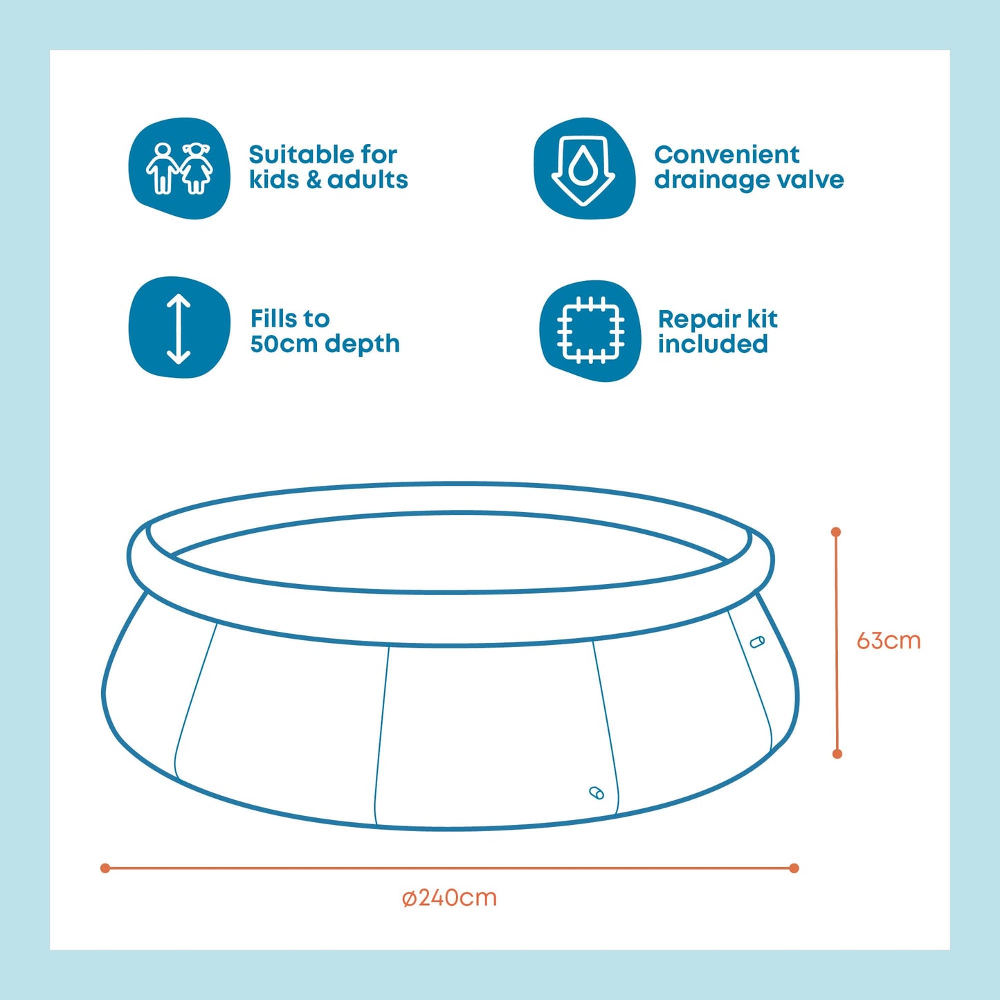 SPLASH! 6ft Inflatable Swimming Pool - Quick Set Inflatable Pool Garden with Double Vinyl Wall, Hose Adaptor, Safety Valve & Repair Patches - Outdoor Paddling Pool for Kids and Adults