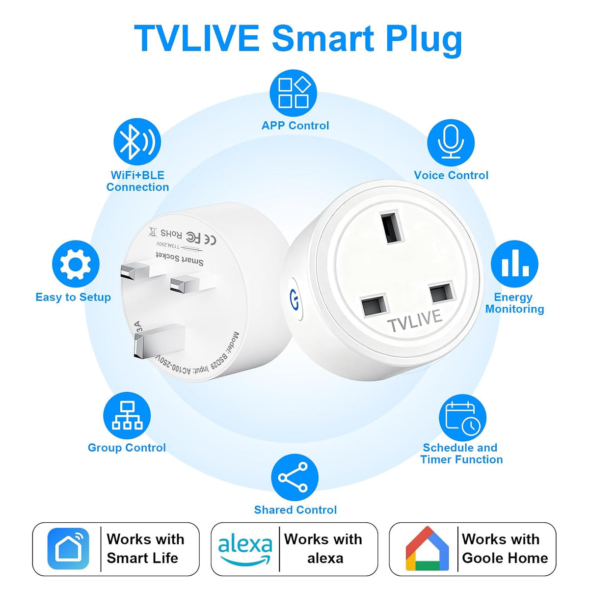 Smart Plug, TVLIVE 2 Pack Smart Plugs that Work with Alexa (Echo, Echo Dot), Google Home Voice Control, Energy Monitoring, Remote Control, Timer & Schedule, smart wifi plug socket UK, No Hub Required