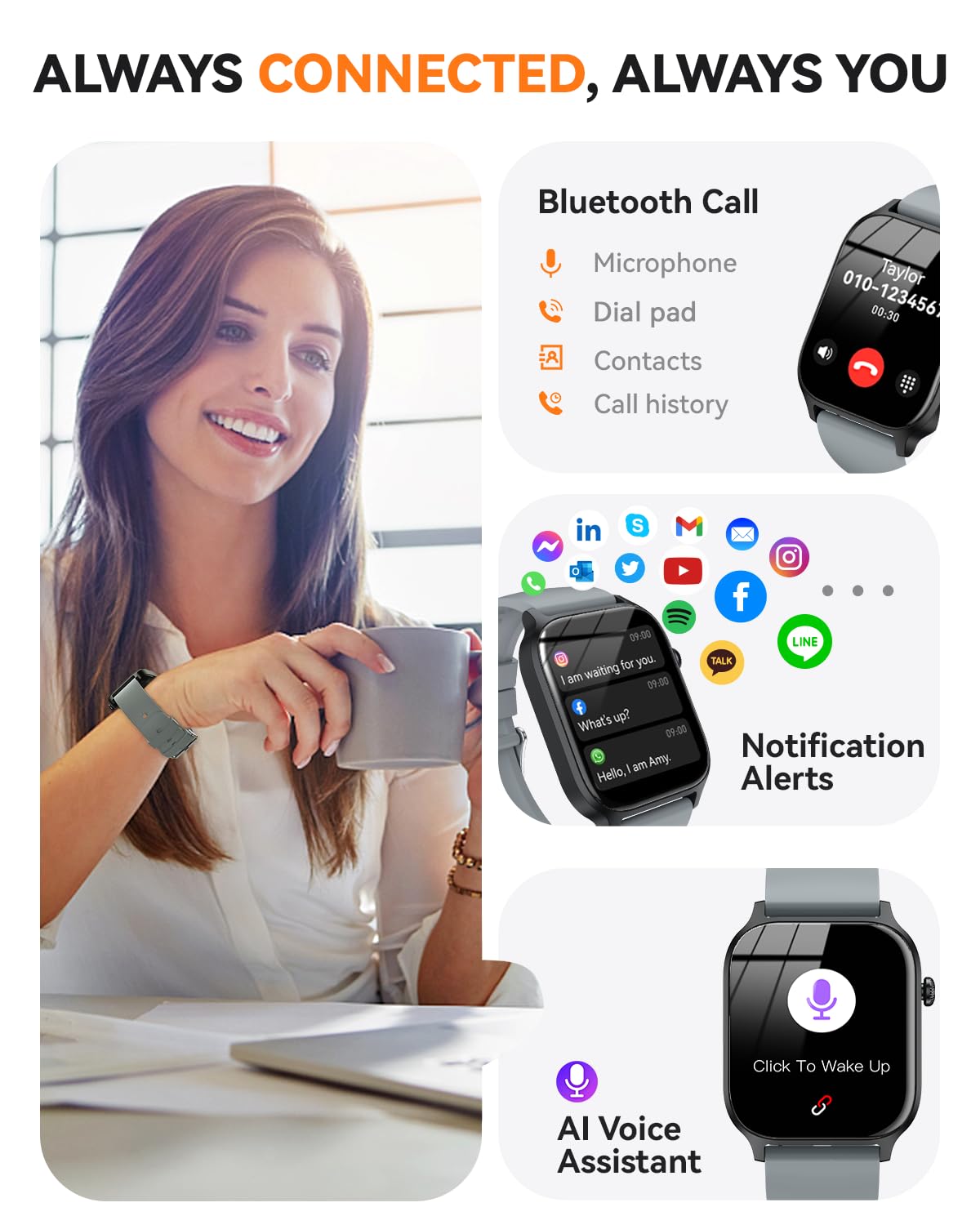 Smart Watch for Men Women- Answer/Make Call, 2024 IP68 Waterproof Fitness Tracker Watch with Sleep Step Counter Activity Smartwatch for Samsung Android iPhone iOS (Black-Blue, 1.83)