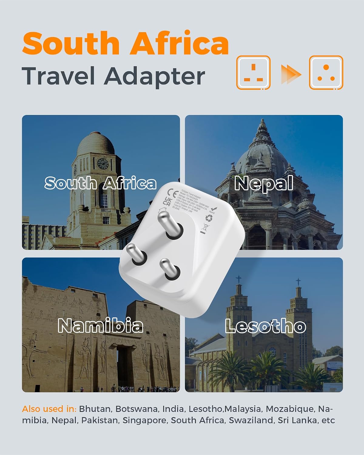 TESSAN UK to South Africa Plug Adapter, Type M Travel Adaptor with USB C