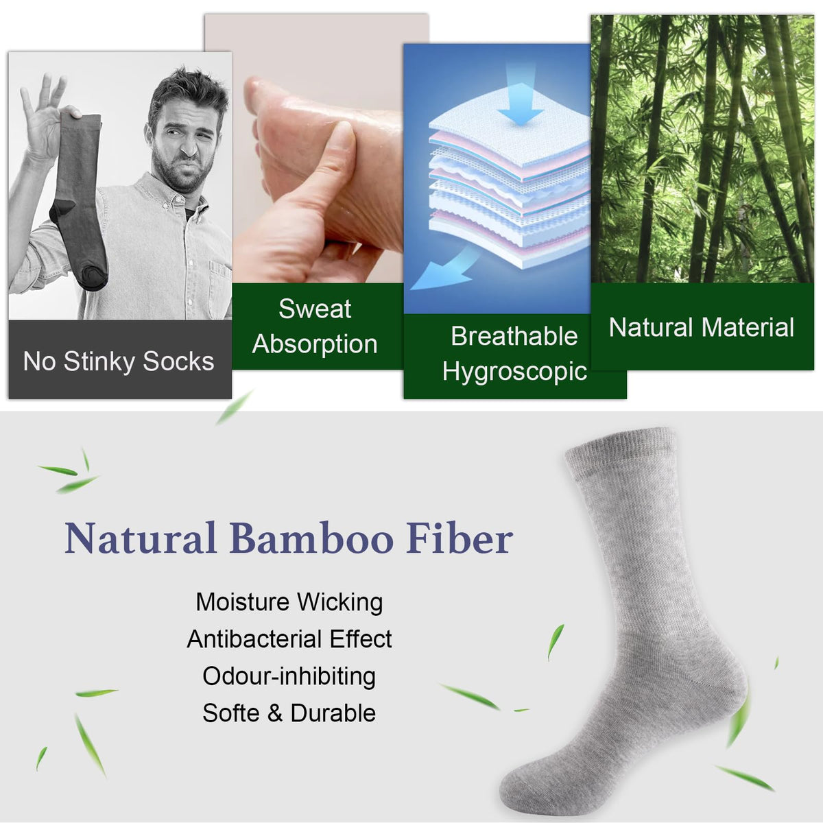 Niorasen Men's Extra Wide Diabetic Bamboo Socks, 3/6 Pairs