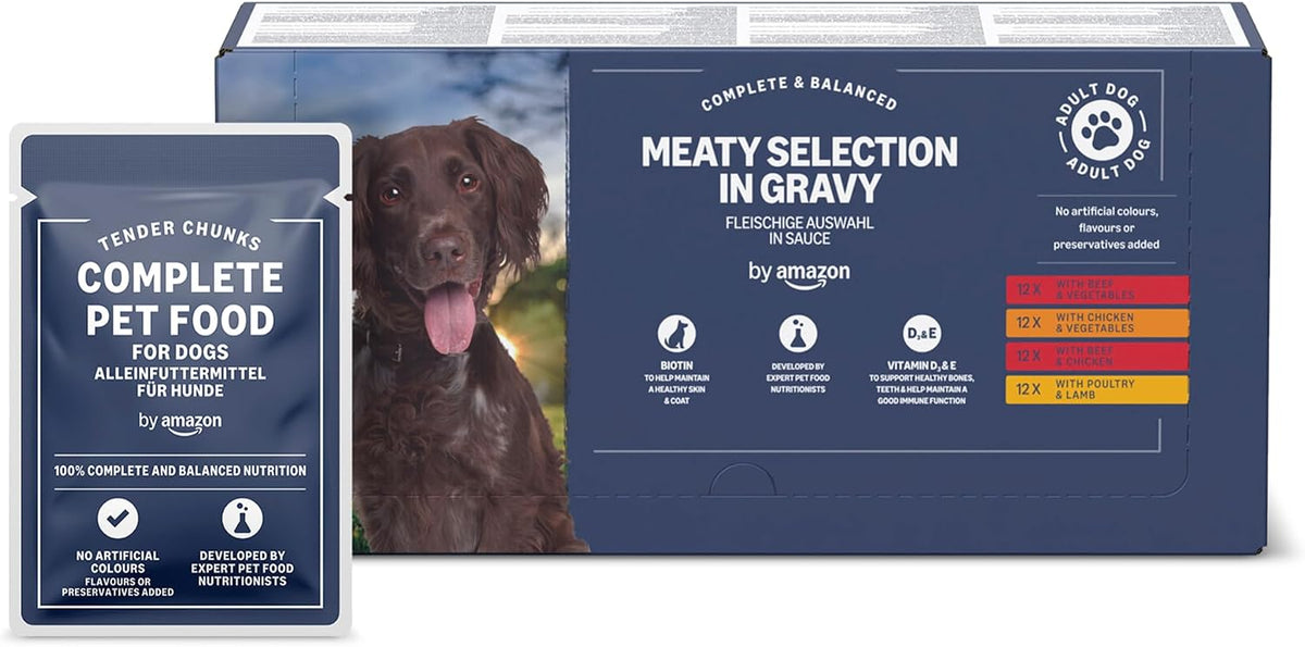 by Amazon Complete Wet Food for Adult Dogs, Meat Selection in Gravy, 4.8 kg (48 pouches of 100g)