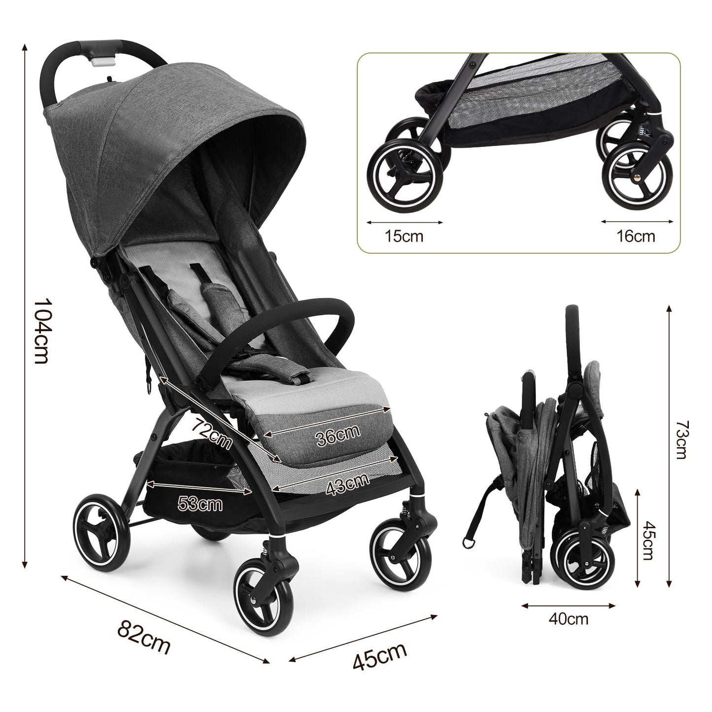 Lightweight Pushchair, Travel Stroller with 3 Recline Positions, Fully Reclining From Birth Up to 22 kg, Baby Stroller with Cup Holder & EVA Shock Absorbing Wheels, One-Click Foldable for Easy Carry-B