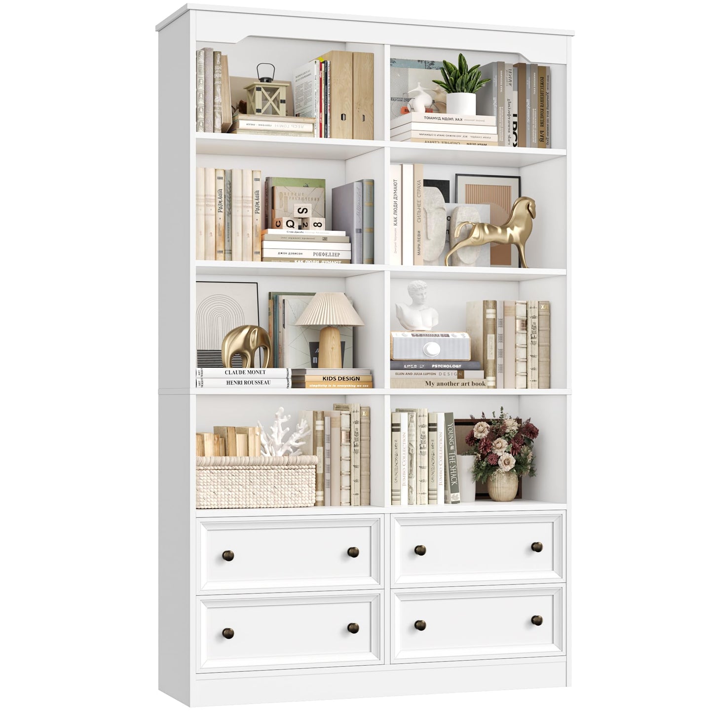 FirFurd Bookcase 180cm Tall Bookshelf with Drawers Living Room Bookcase 8 Open Compartments Free Standing Display Shelf Tall Shelving Unit for Home Office 180x100x30cm White