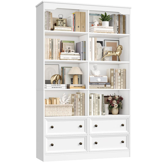 FirFurd Bookcase 180cm Tall Bookshelf with Drawers Living Room Bookcase 8 Open Compartments Free Standing Display Shelf Tall Shelving Unit for Home Office 180x100x30cm White
