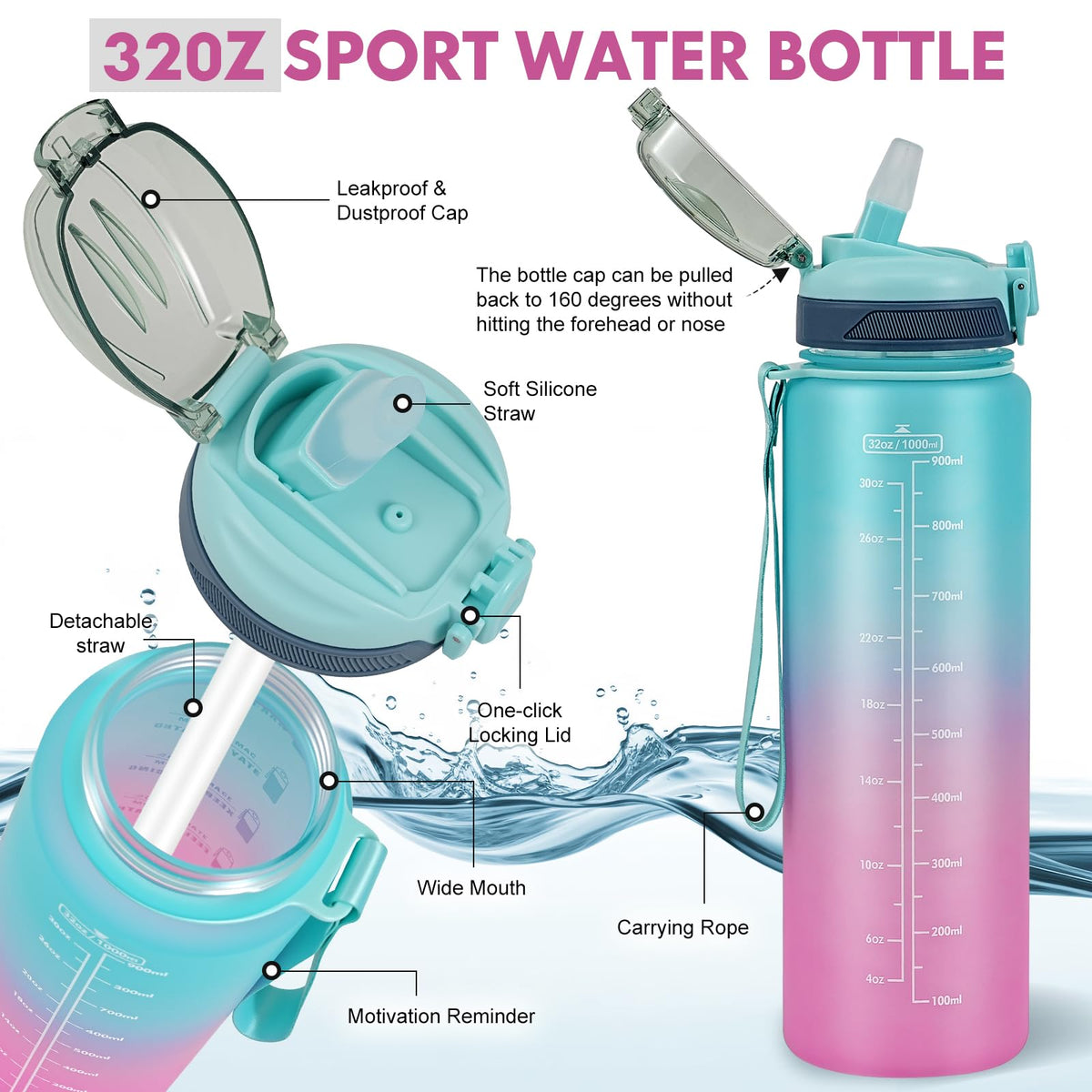 SEASEVEN Flat Water Bottle 750ML for Gym,School Office(Flat Pink)