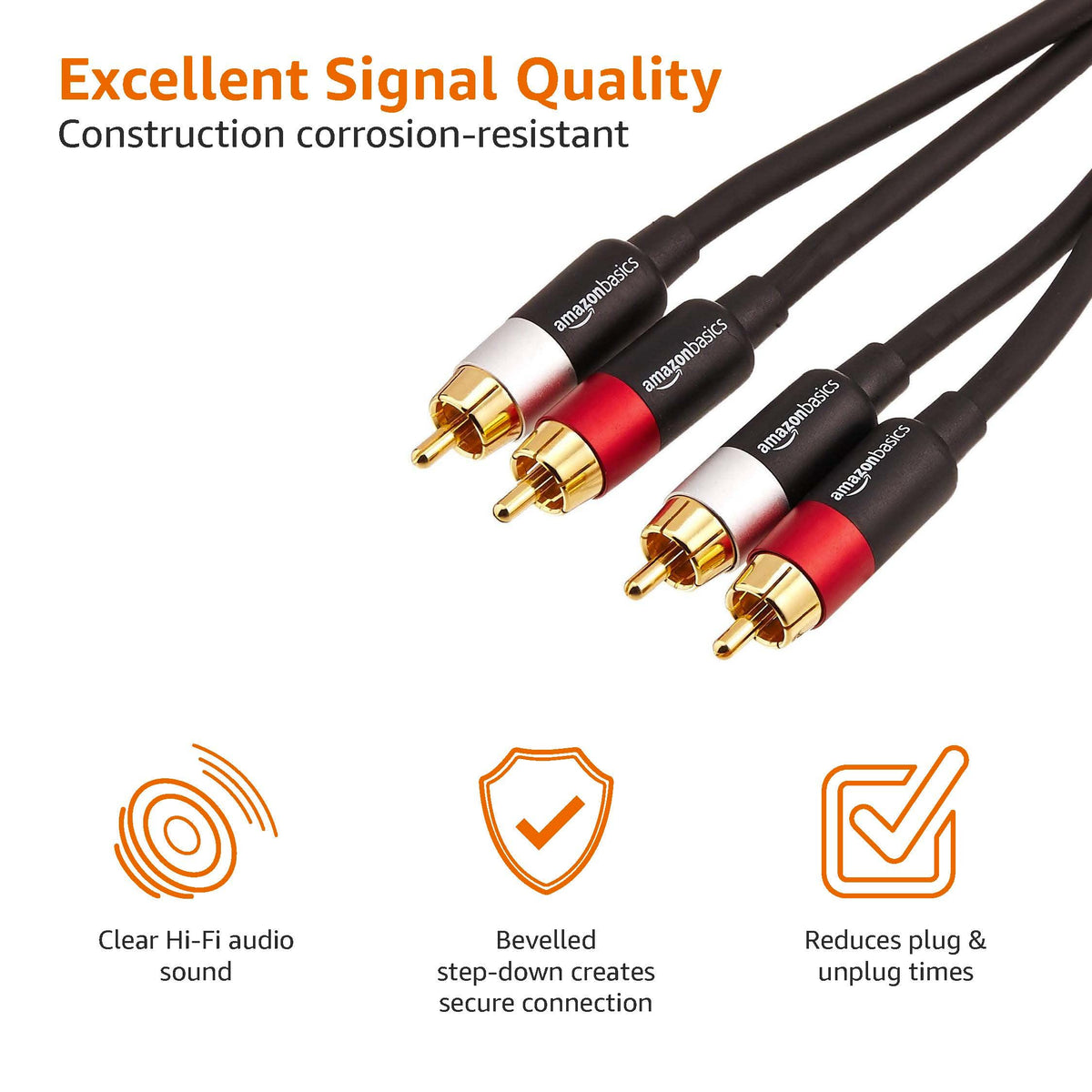 Amazon Basics 2 RCA Audio Cable for Amplifier,Active Speakers or Subwoofer with Gold-Plated Plugs, 4.6 m, Black