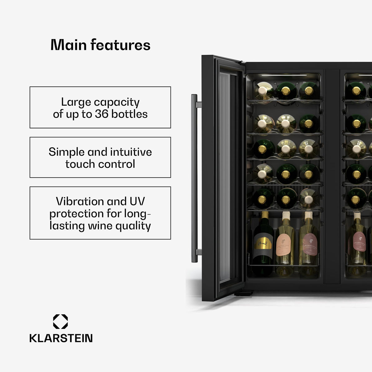 KLARSTEIN Shiraz Wine Cooler Black – 8 Bottles, 1 Zone | Freestanding Wine Fridge with Glass Door, Quiet, 5–18 °C, LED, Stainless Steel Frame
