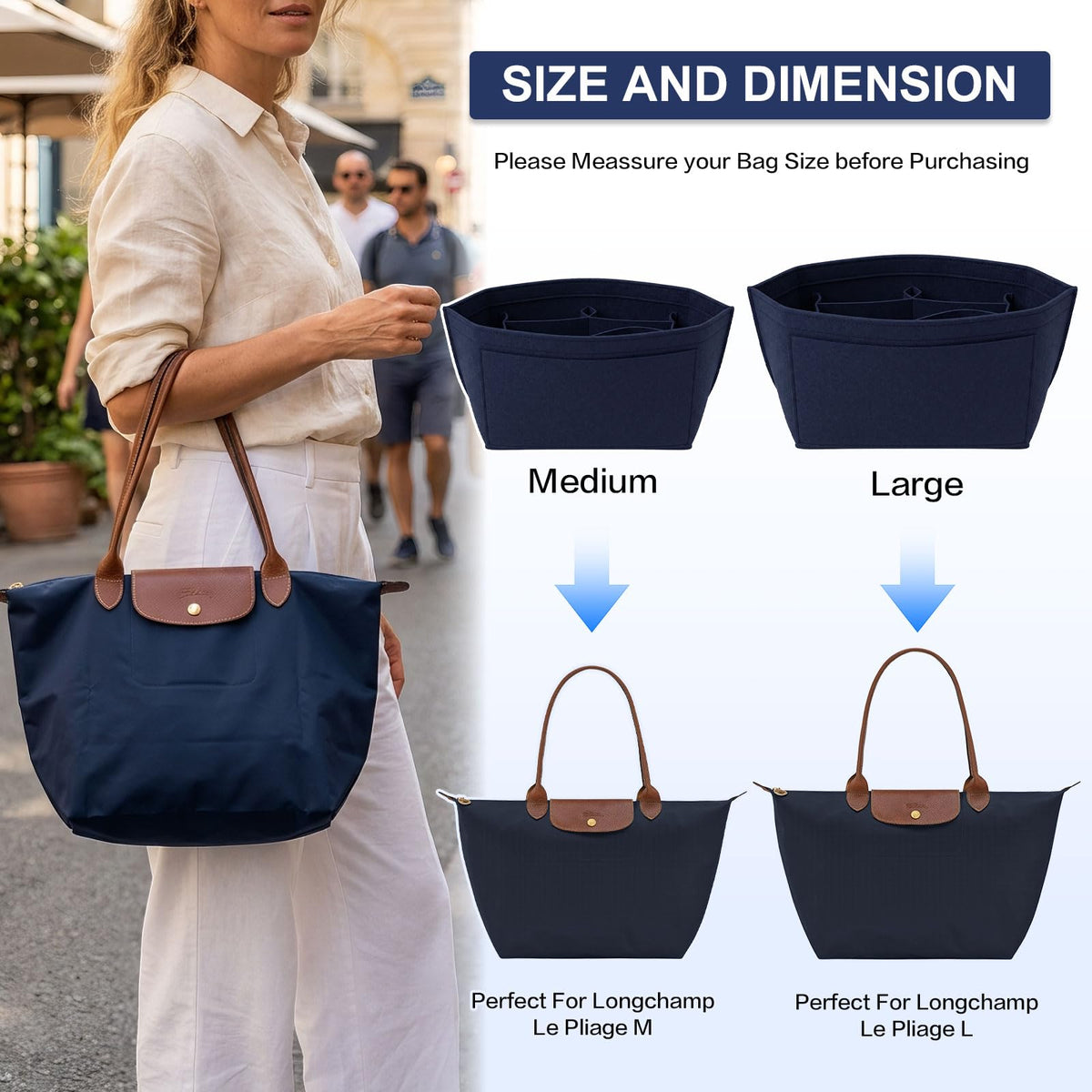 Multi-pocket felt tote bag for inserting a wallet, folding tote organizer insert Longchamp (khaki, L)
