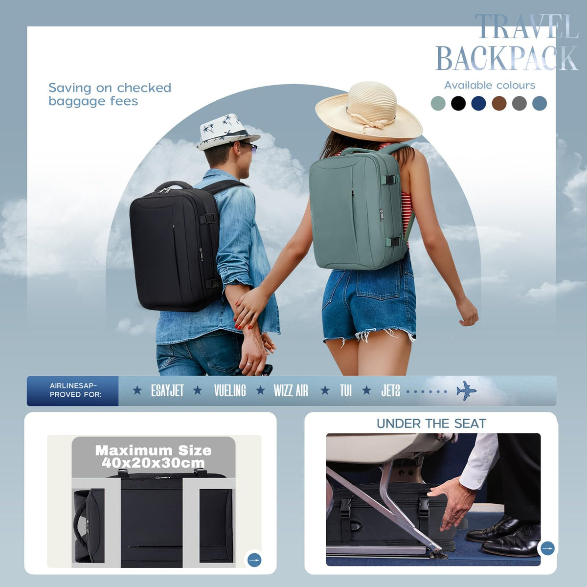Xkdoai for Ryanair Cabin Bags 40x30x20,Backpack with TSA Approved Clear Bag