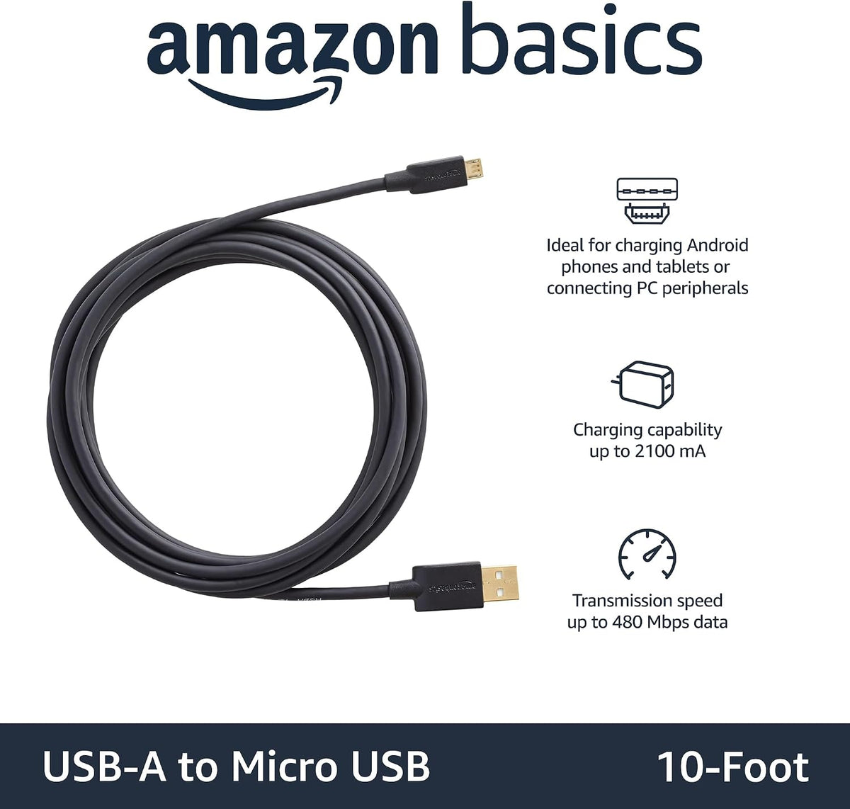Amazon Basics 5-Pack USB-A to Micro USB Charging Cable, 480Mbps Transfer Speed with Gold-Plated Plugs, USB 2.0, 3 m, Black